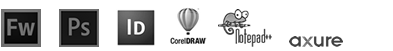 Programas utilizados pelo designer gráfico Osvaldo Almeida. Adobe Ilustrator, Adobe Fireworks, Adobe Photoshop, Corel Draw, Notepad ++, Axure .